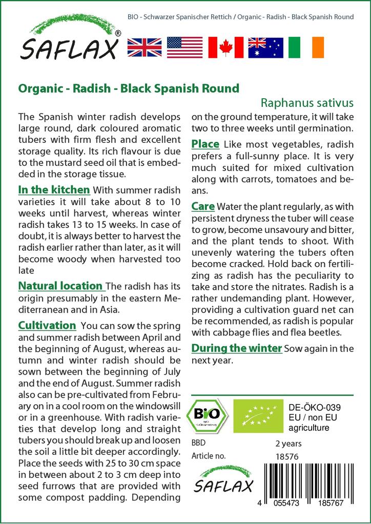 SAFLAX Сад в сумке - Органический - Редис - Черный испанский круглый - 100 семян - С субстратом в подходящем стоячем мешке - Raphanus sativus