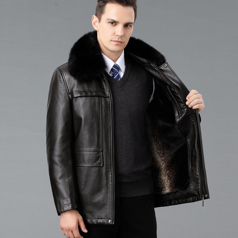 Winter Middle-Aged Men'S Removable Liner Leather Jacket Jacket Sheepskin Coat Genuine Leather Fur Collar Piled And Thickened