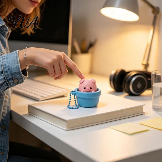 Potted Pig Pendant Clicker Toy with Bead Chain, Clicky Button Fidget Anxiety Relief Tool for Stress Relief, Finger Backpacks School Bags Decor