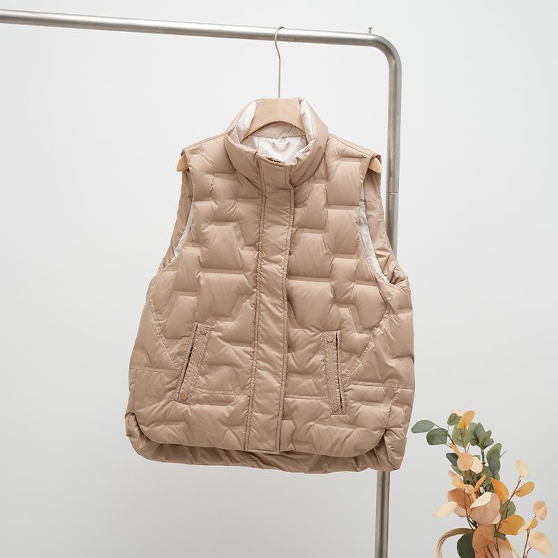 Осень и Зима Женский Флисовый Жилет на Утином Пуху Женский Свободный Стойка Воротник Карманы Теплый Стеганый Пуховик Без Рукавов