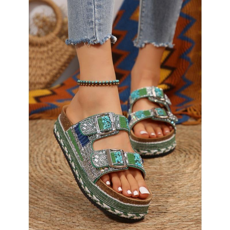 Fashion Retro Thick Bottom Double Buckle Rhinestone Cork Slippers Women's Casual Slippers Omns Lippers