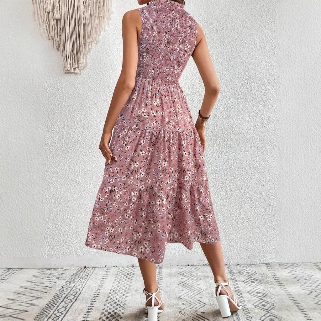 Женское богемное праздничное летнее платье без рукавов со стойкой воротником, с цветочным принтом, цельное