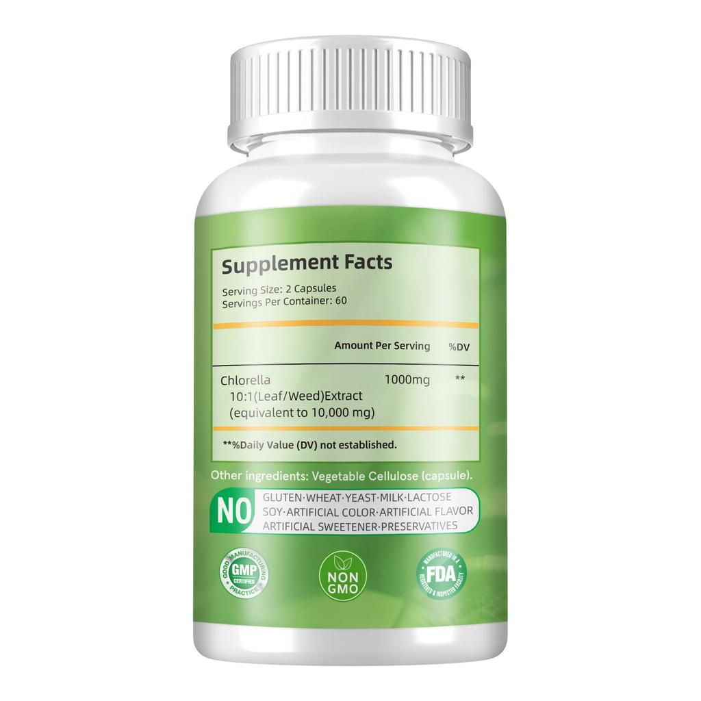 Chlorella Extract Capsules, 10:1 High Concentration 1000mg Algae Extract, Nutritional Supplement