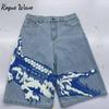 RogueWave Crocodile Embroidery Denim Shorts High Waist Loose Knee Length Trousers American Streetwear Jeans