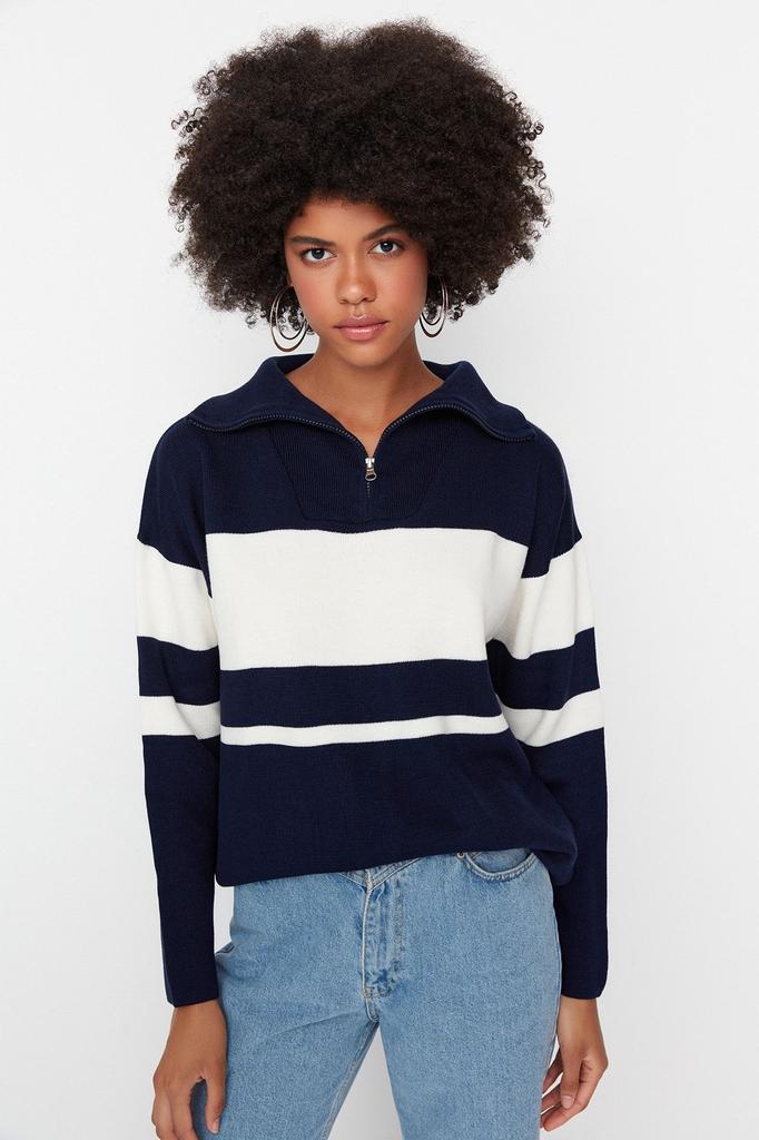 Women's Fashionable Stylish Sweater Stone Wide Fit Basic Zippered Knitwear Sweater