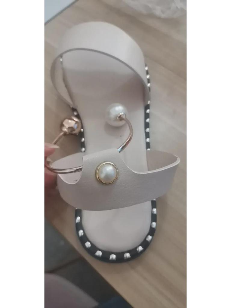 2021 Summer Women's European & American Pearl-Embellished Flat Sandals with Large Sizing