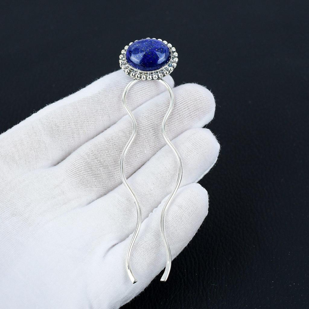 Заколка для волос из натурального лазурита, ручная работа, серебро 925 пробы - держатель для пучка для тонких волос, подарки для нее