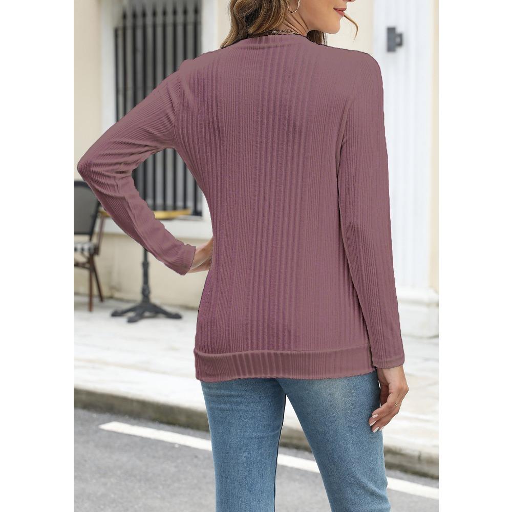GMXIA Women's Autumn Winter Pit Strip Ground Solid Color Round Neck Button Long Sleeve T-shirt