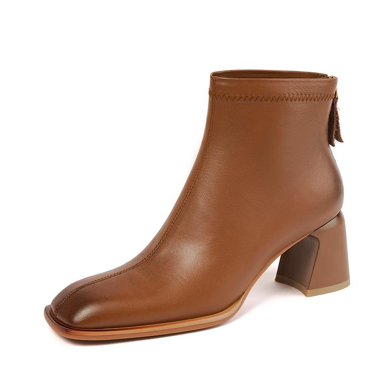 Осенние сапоги женские с круглым носком и толстым каблуком женские сапоги из натуральной кожи женские лаконичные короткие сапоги сапоги на высоком каблуке с застежкой-молнией