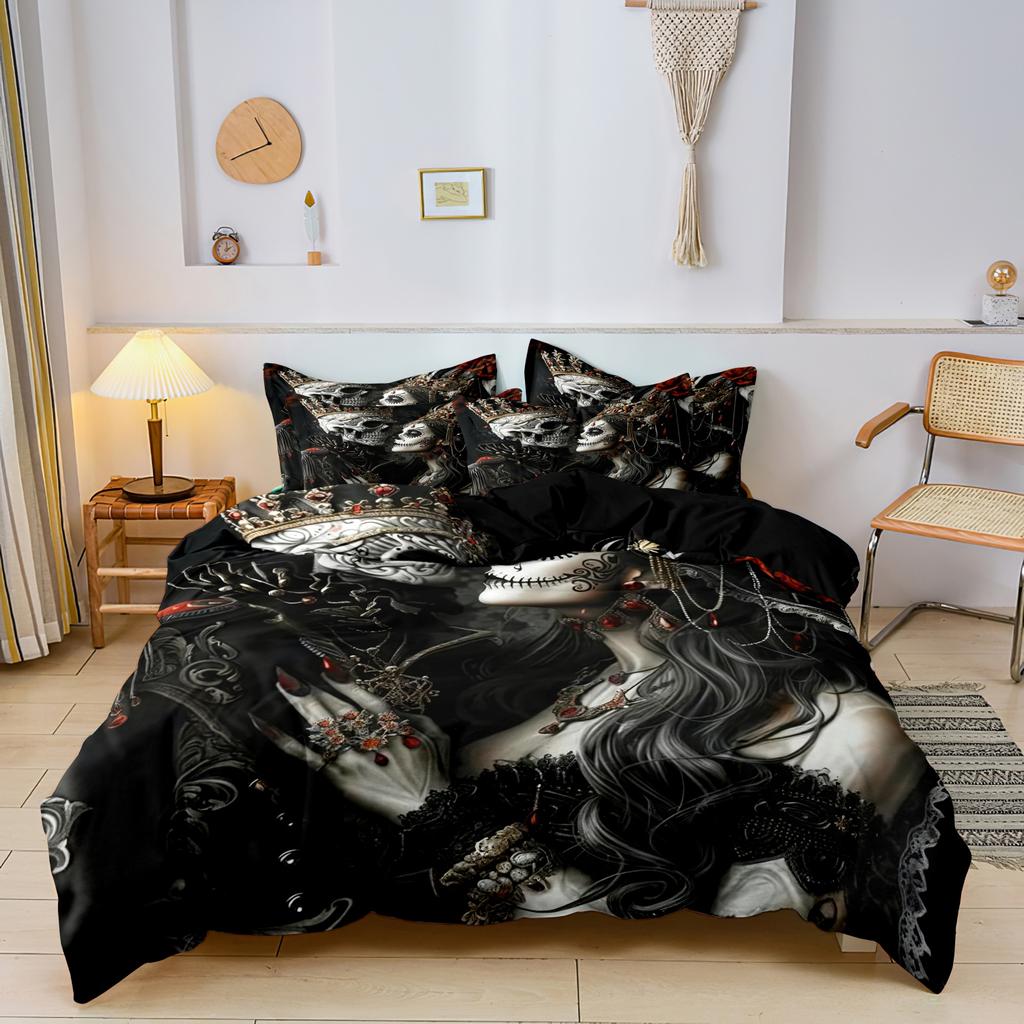 3 предмета Готический мексиканский сахарный череп Женщина Пододеяльник Постельное белье Цветочные и черепные узоры - Идеально для празднования Дня мертвых