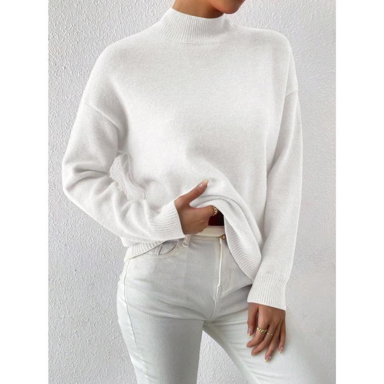 Solid Color Loose Knit Top Semi High Neck Pullover Long Sleeved Sweater Women Autumn and Winter