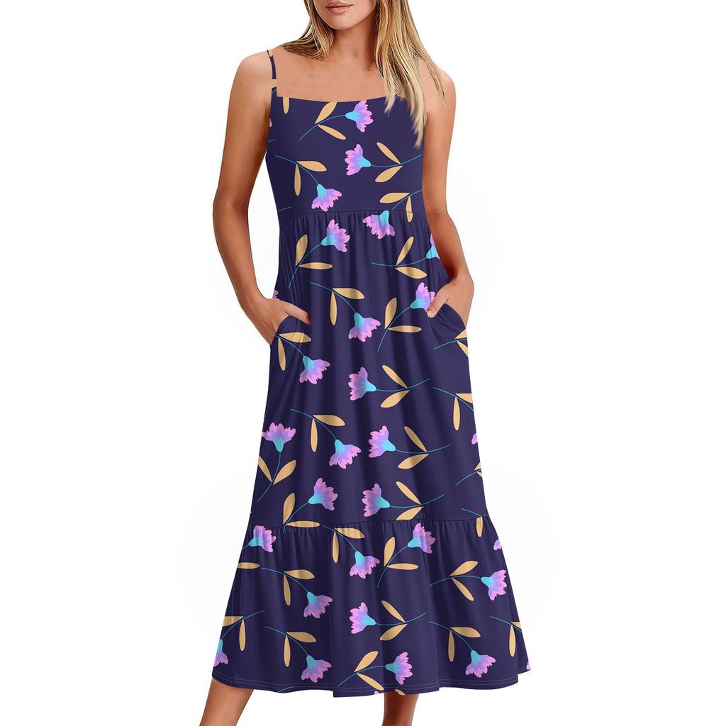 Women's Long Beach Casual Elegant Spaghetti Strap Maxi Dress Floral Low-key Flowing Bohemian Dress