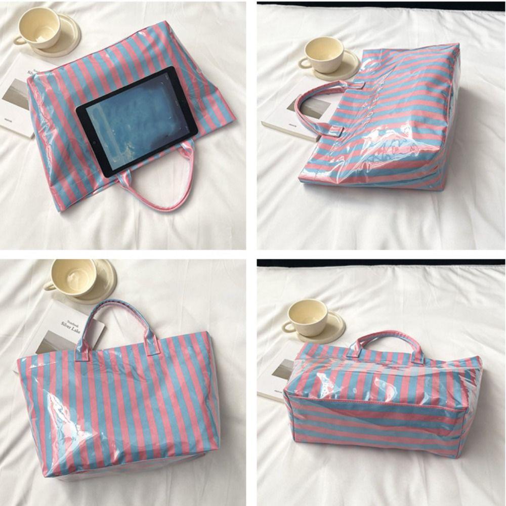 Stripe PVC Striped Tote Bag Letter Print Letter Prints Handbags Grocery Handbag