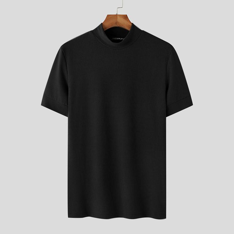 INCERUN Мужские футболки с коротким рукавом и воротником-стойкой, однотонные базовые топы