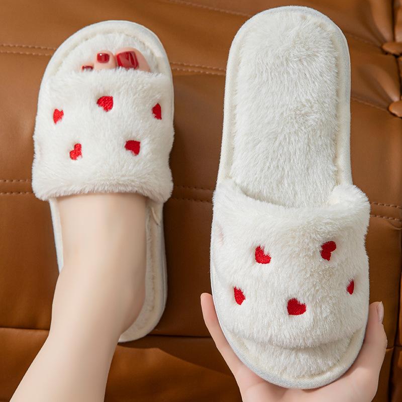 Cotton Slippers Women, Love Home Indoor Non Slip Open Toe Slippers, Plush Slippers Women