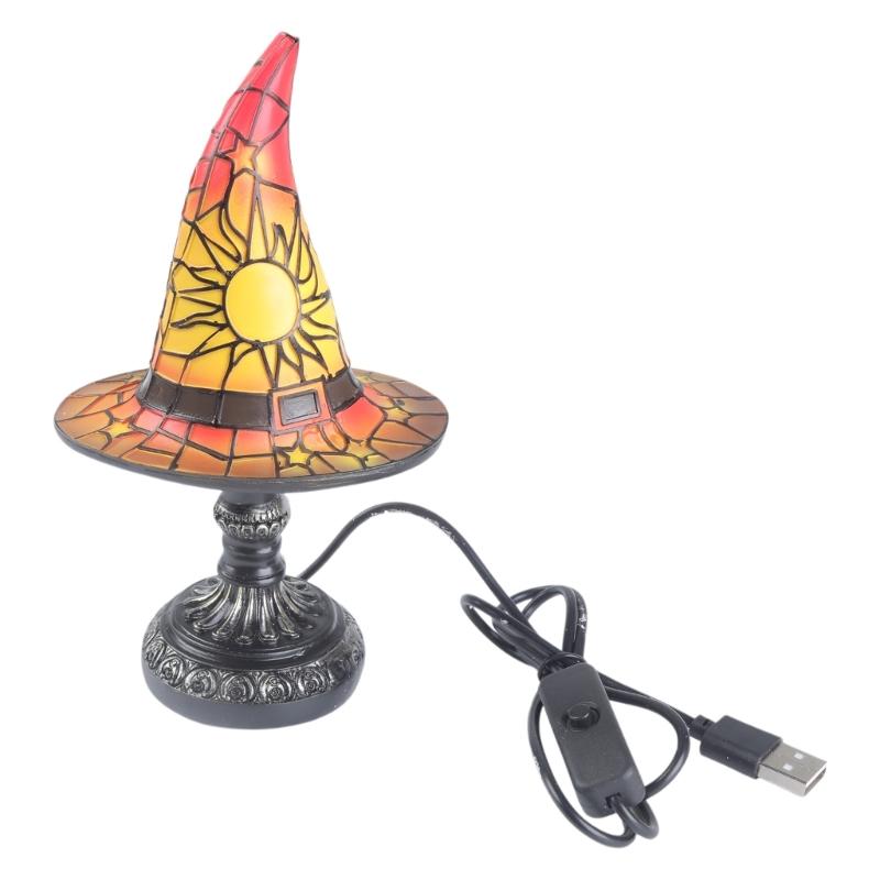 Halloween Wizard Hat USB Powered Nightlight Handcrafted LED Resins Colorful Witch Hat Table Lamp For Desktop Display
