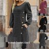 2025 Women's Solid Color Crew Neck Long Sleeve Dress with Pockets and Buttons