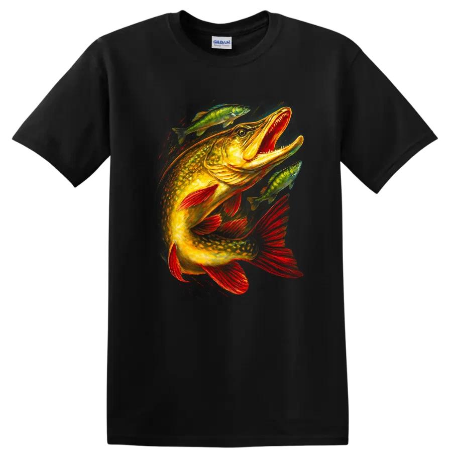 Fish Design T Shirt Colorful Pike w/ Bass Cool Graphic Tee Fishing Lover