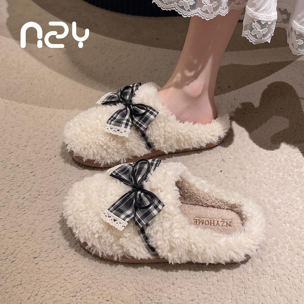 Maillard bow cotton slippers women's winter home indoor non-slip velvet warm sweet fluffy mop