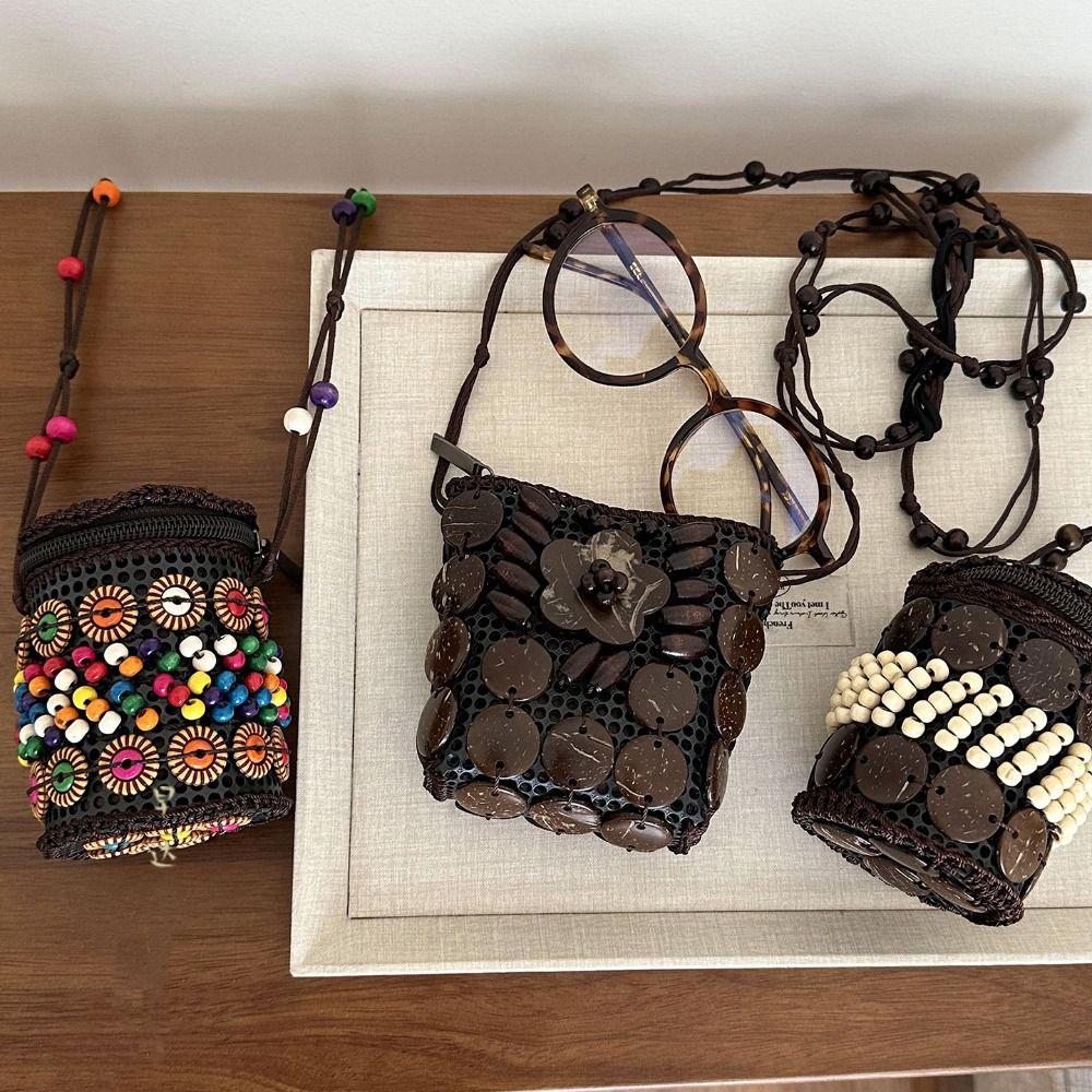 Portable Cloth Ethnic Style Crossbody Bag Retro Coconut Shell Handmade Weave Bag Vintage Handbag Bohemian Shoulder Bag Women