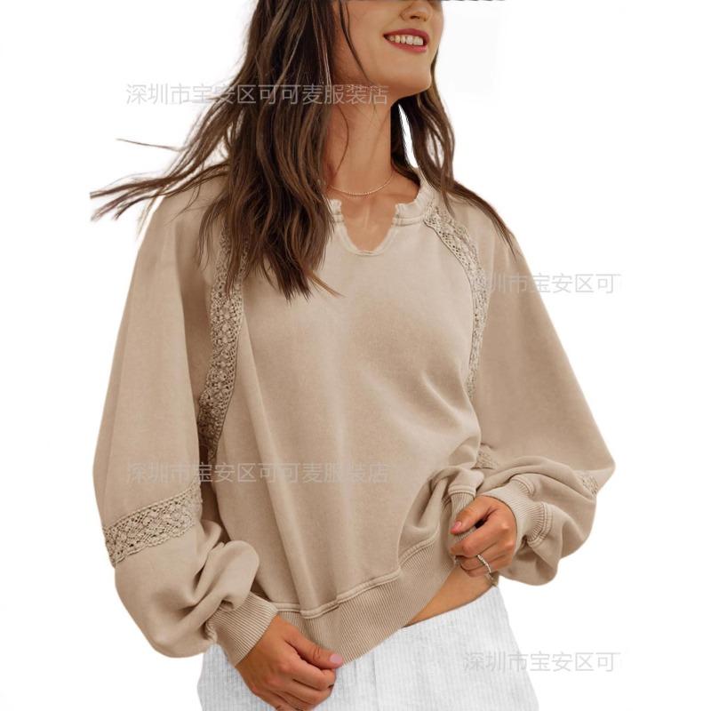New Autumn and Winter Women's Lace Design Loose Pullover Solid Color V-neck Sweatshirt