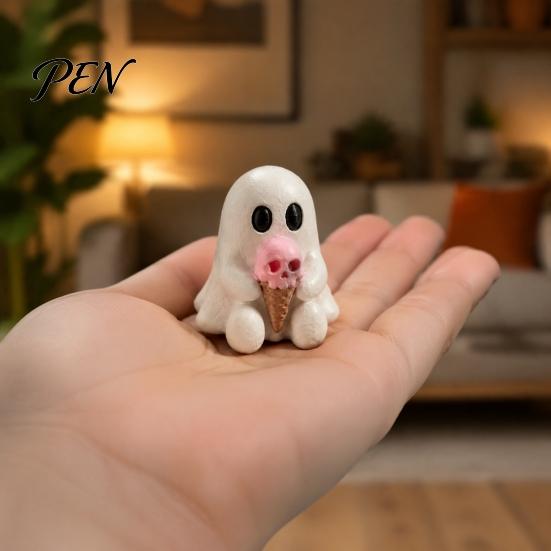 3D-печатные настольные аксессуары, Мини-фигурка призрака на Хэллоуин, Белая статуэтка с переносными фигурками: Розовый череп, Мороженое, Милый настольный орнамент