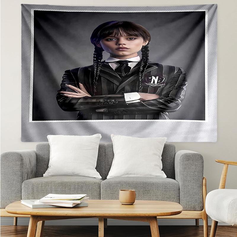 Wednesday Print Tapestry, Backdrop, Easy Setup, Ideal for Bedroom, Office & Living Room, with Aesthetic Wall Hanging Decor.