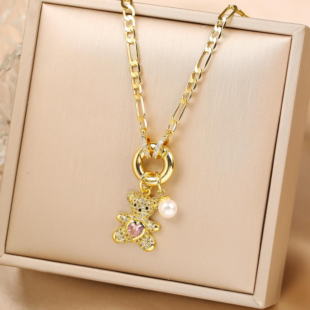 Sparkling Crystal Zirconia Animal Cute Bear Pendant Necklace Classic for Woman Girl Holiday Clavicle Chain Jewelry Casual Gifts