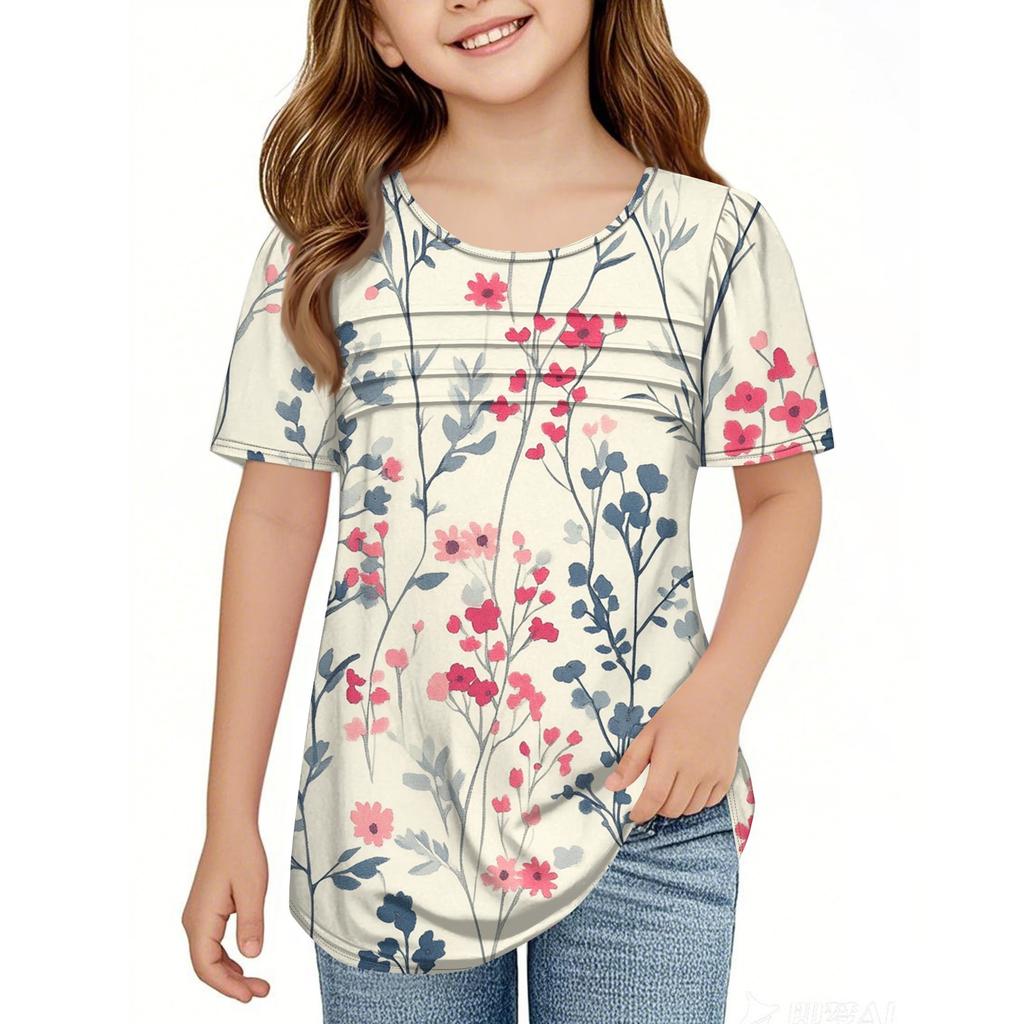 Детские футболки-складки, летние футболки с короткими рукавами и круглым воротником, с принтом цветов, пальто для отдыха