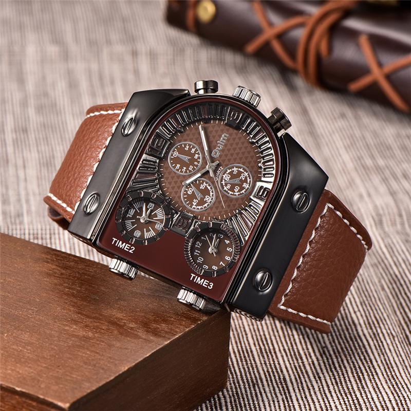 Men's Three Time Zone Leather Strap Sports Watch Outdoor Waterproof Chronograph Quartz Wristwatch