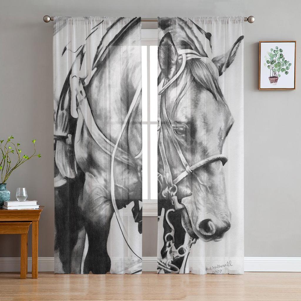 Black White Horse Watercolor Painting Tulle Sheer Window Curtains for Living Room Kitchen Children Bedroom Voile Hanging Curtain