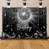 1PC, Film Disco Birthday Party Background Board, Sparkling Silver Disco Ball, Music Symbols and Speaker Design