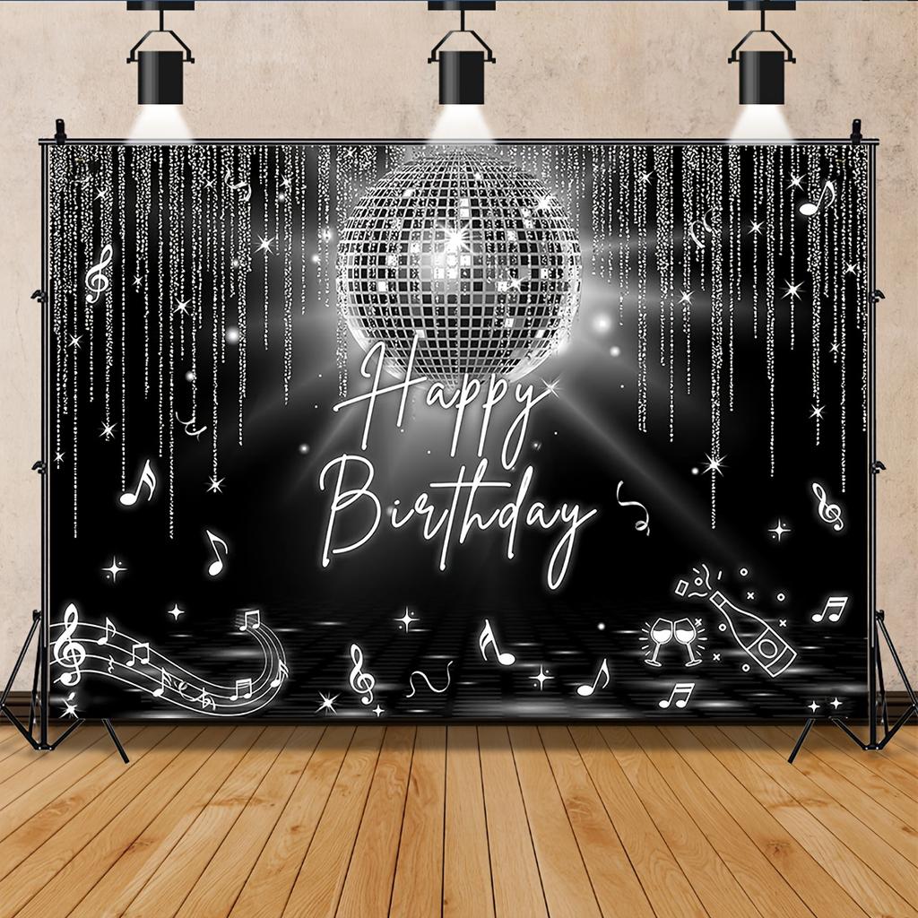 1PC, Film Disco Birthday Party Background Board, Sparkling Silver Disco Ball, Music Symbols and Speaker Design