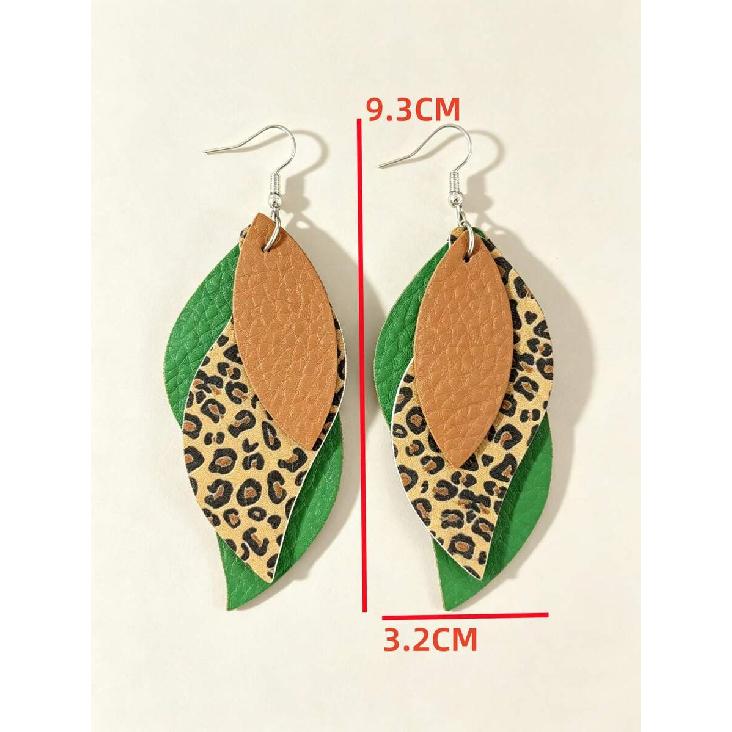 1 Pair Western Bohemian Style Leopard Print & Green-Brown Colorblock 3-Layer S-Shaped Leaf PU Leather Dangle Earrings