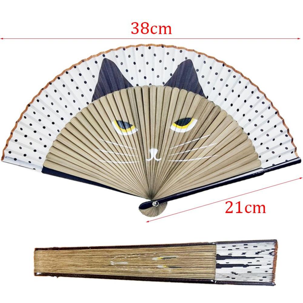 Cat Patterns Summer Gift Handmade Bamboo Wooden Fan Crafts Folding Fan Home Decoration Silk Fan