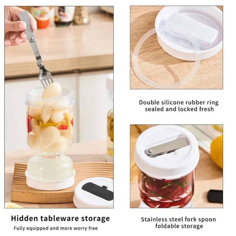 Kitchen Wet and Dry Separation Pickle Jar with Forks Plastic Inverted Storage Holder Wet Dry Dispenser Flip Top Container