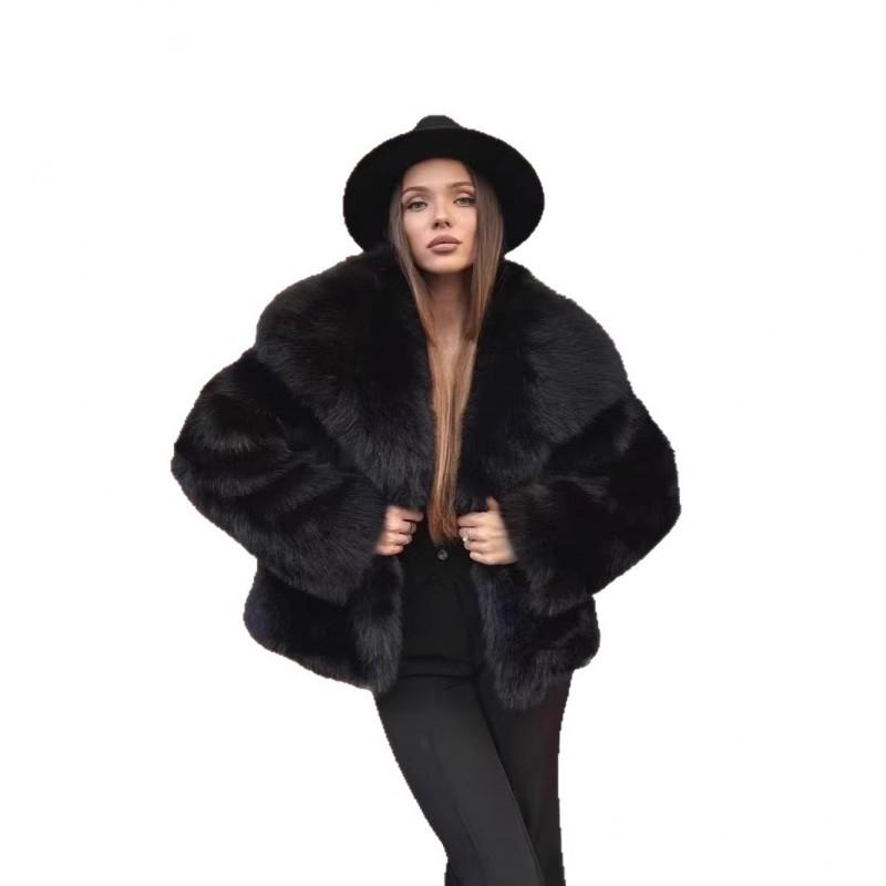Womens Faux Fox Fur Coat With Oversized Collar Warm Winter Outerwear Street Style