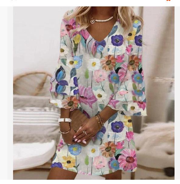 Новое, Свежее, С принтом, С V-образным вырезом, С 3/4 рукавом, Мини, Женское платье