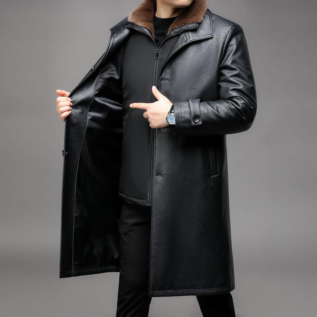 Leather Coat with Velvet and Thickening for Middle-aged Men with Removable Inner Liner, Long Fur All-in-one Genuine Leather Fur Coat