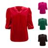Womens Velvet Tops V Neck 3/4 Puff Sleeve Fall Winter Trendy Dressy Casual Loose Christmas Party Holiday Tunic Shirts