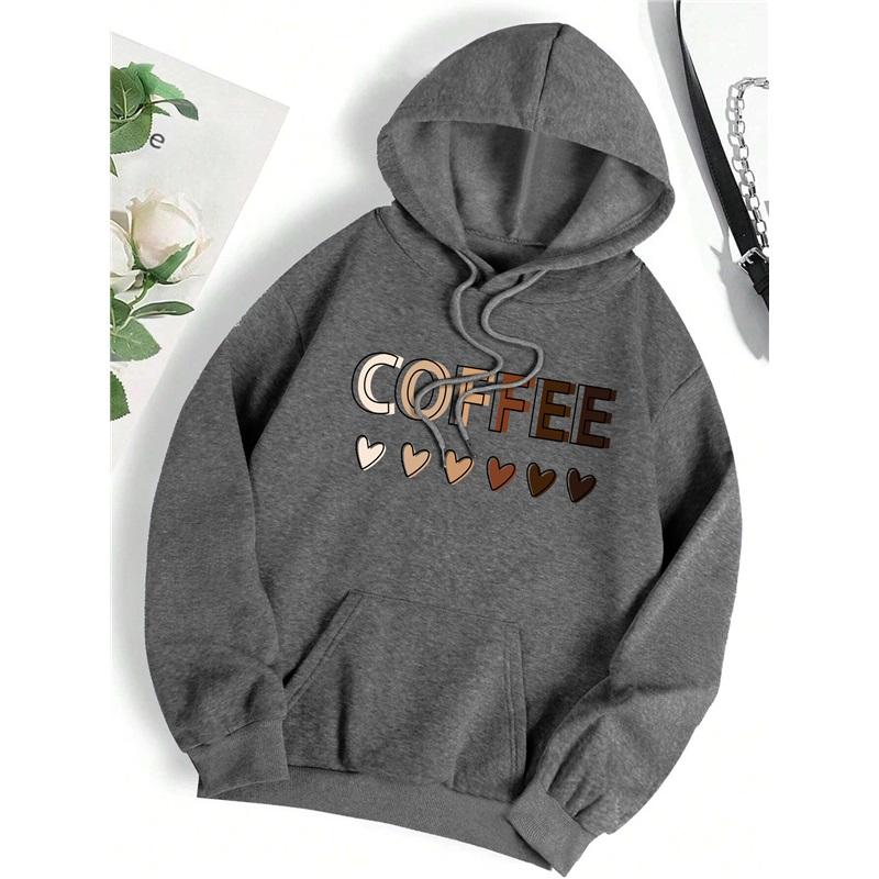 Love Coffee Смешные буквы Графический Принт Толстовка Женская Модная Флисовая Толстовка Повседневная С Капюшоном Осенняя Одежда Оверсайз