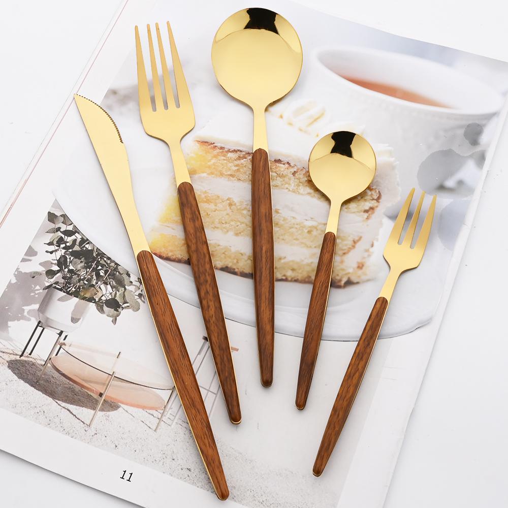 6/30Pcs Imitation Wooden Handle Cutlery Set Knife Cake Fork Coffee Spoons Tableware Stainless Steel Dinnerware Western Flatware