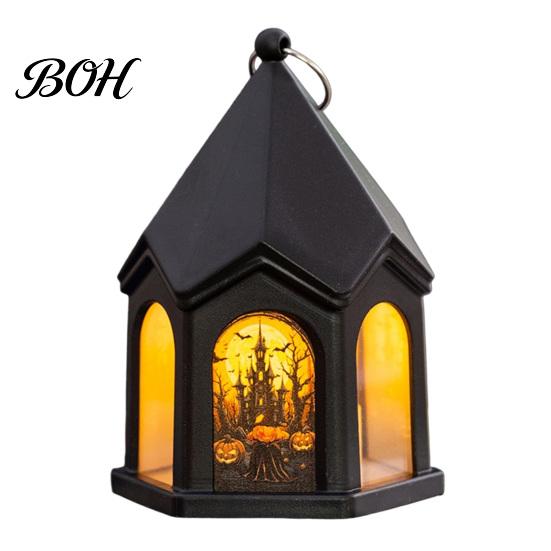 Witch And Ghost Stickers Halloween Pumpkin Lantern, Gothic House Shape LED Flickering Candle Light Portable Hanging Lamps for Party, Spooky