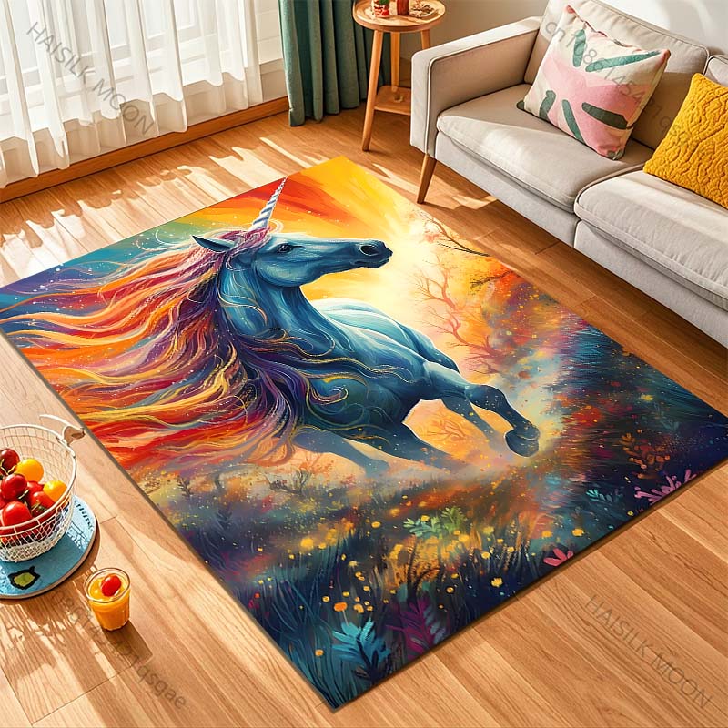1PC Fantasy unicorn with rainbow Print Carpet Rug for Living Room Bedroom Sofa Doormat Home Decor Non-slip Floor Mat