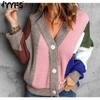 Women's Fashion Casual Fall Winter Colour Block Print  Long Sleeve V-Neck Sweaters