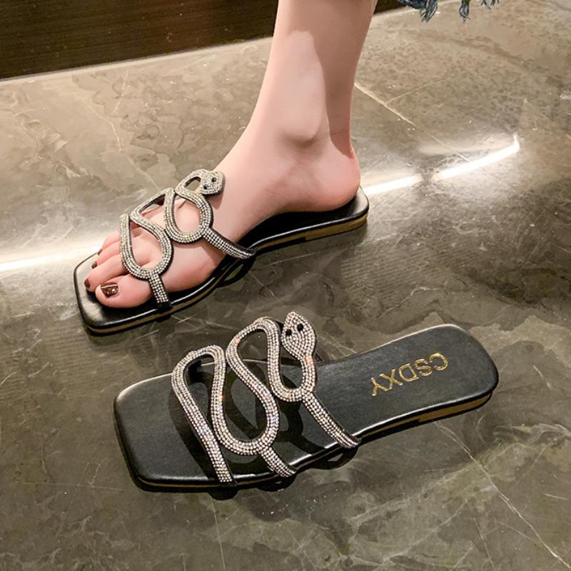 Женские тапочки, сандалии на плоской подошве со стразами, сандалии с узором «змеевик»