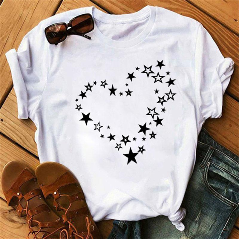 Maycaur Woman Star Moon Print Harajuku Летние футболки Повседневная футболка с круглым вырезом и коротким рукавом Женская черная футболка Прямая поставка