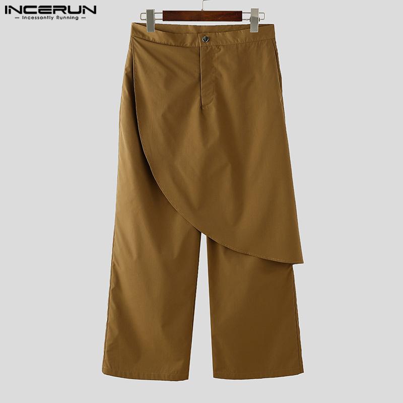 INCERUN Мужские длинные брюки на молнии, многослойные, в стиле пэчворк, повседневные прямые брюки