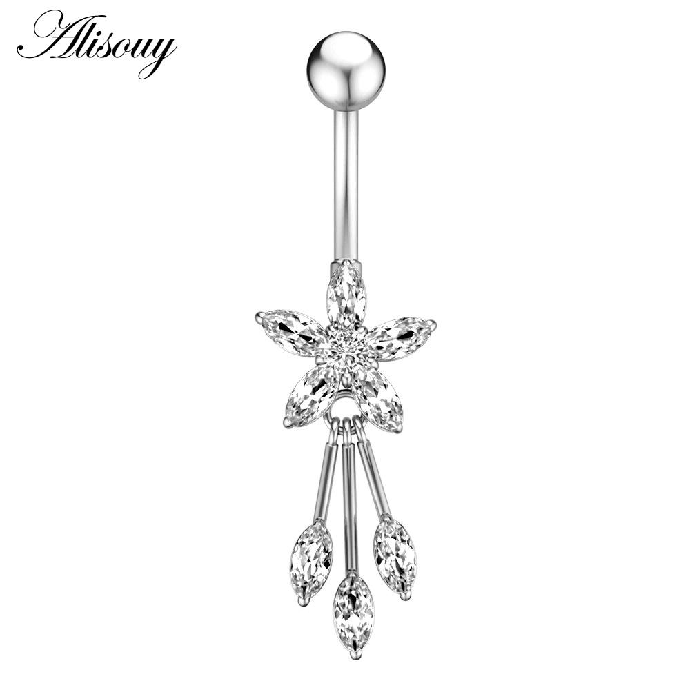 Alisouy 1pc Surgical Steel Crystal Zircon Flower Heart Leaf Bow-knot Dangle Button Navel Piercing Ring Belly Ring Body Jewelry