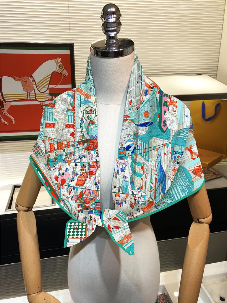 50pcs 90cm Fashion Twill Silk Scarf for Women City of Paris Print Wraps Headband Shawl Stoles Hijab Lady Square Foulard Bandana